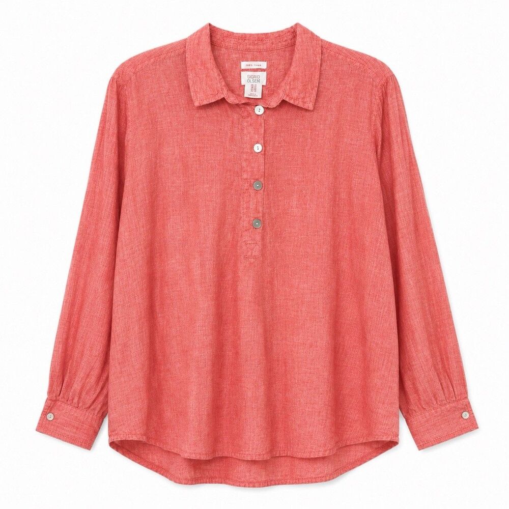 Sigrid Olsen Blouse Women's 1X Pink Linen Long Sleeve Collared Tunic Top Relaxed